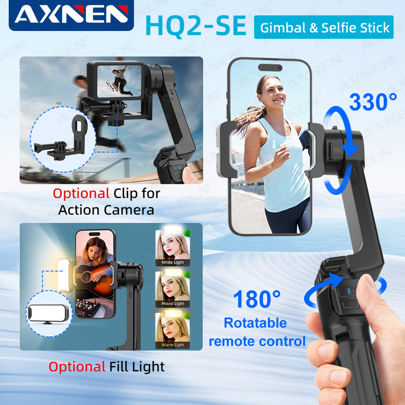 Drone Gimbal For Gopro - AXNEN-HQ2-SE携帯電話スタビライザー、スマートフォン用ハンドヘルドジンバル、GoProアクションカメラ、オプションのスポーツカムクリップ、フィルライト